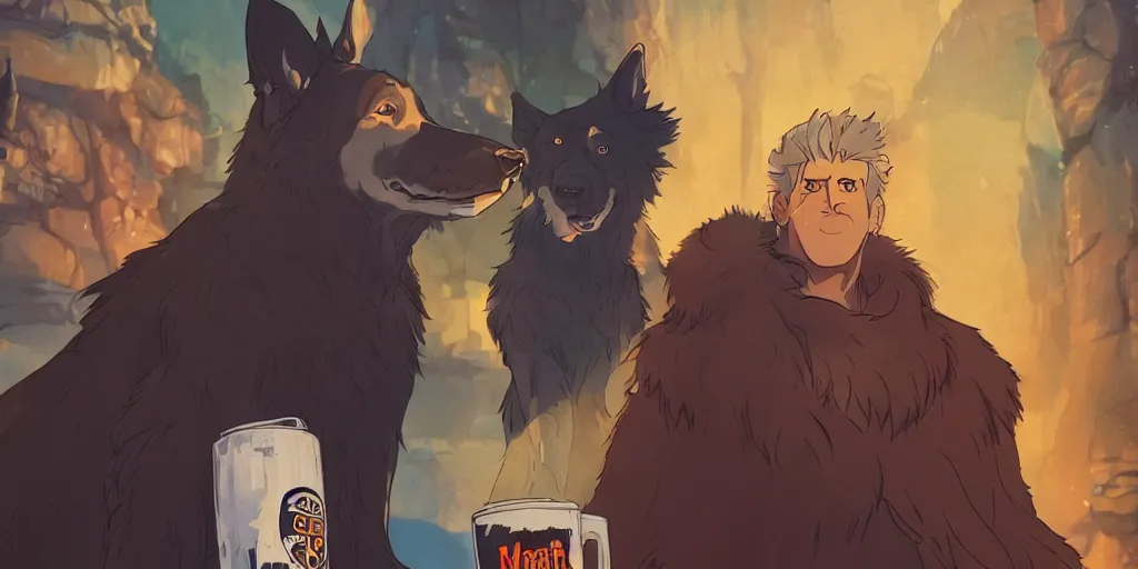 Image similar to a two german shepherds beast - men, holding a mug of beer, a lot of pockets, fur cape, tavern background, magical, bright, colorful, fantastic lighting, amazing details, 4 k uhd, illustration by hayao miyazaki and makoto shinkai and ilya kuvshinov, artstation, pixiv,