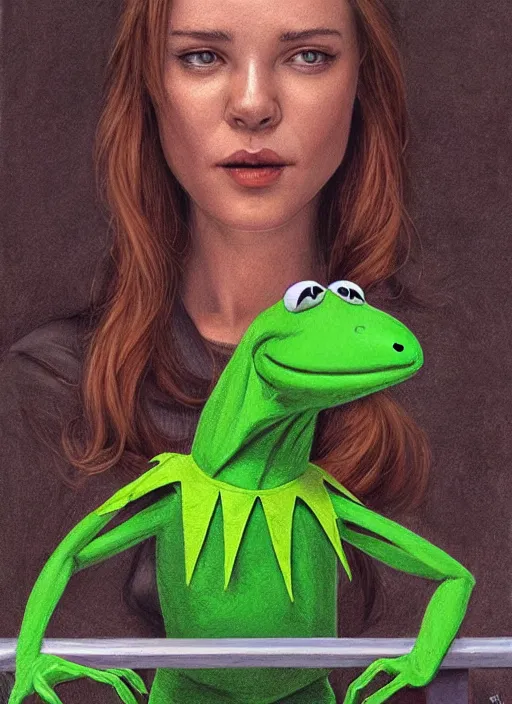 Image similar to portrait of kermit the frog in existenz ( 1 9 9 9 ), highly detailed, centered, solid color background, digital painting, artstation, concept art, smooth, sharp focus, illustration, artgerm, donato giancola, joseph christian leyendecker, les edwards, ed repka, wlop, artgerm