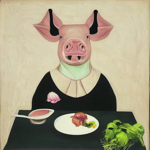 Image similar to “a portrait in an art student’s apartment, a feminine pig sitting at a dining table, pork, ikebana white flowers, white wax, squashed berries, acrylic and spray paint and oilstick on canvas, by munch and Dali”