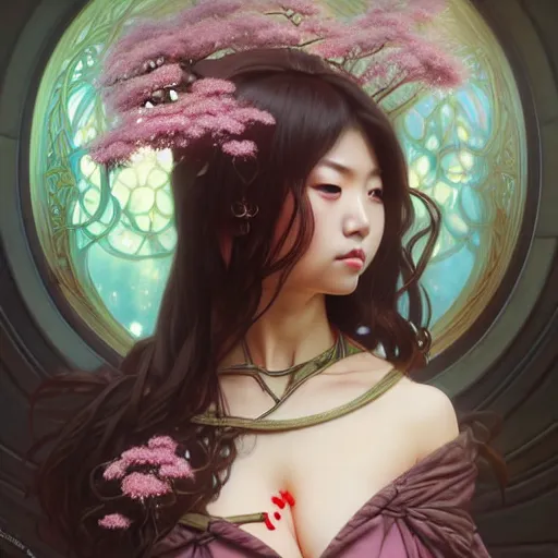 Prompt: Portrait of japanese gyaru, D&D, dark fantasy, sakura blooming on background, intricate, elegant, highly detailed, digital painting, artstation, concept art, smooth, sharp focus, illustration, art by artgerm and greg rutkowski and alphonse mucha