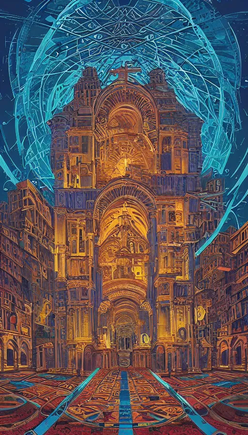 Prompt: The cathedral of ancient prophecies and wisdom, italian futurism, Dan Mumford, Josan Gonzalez