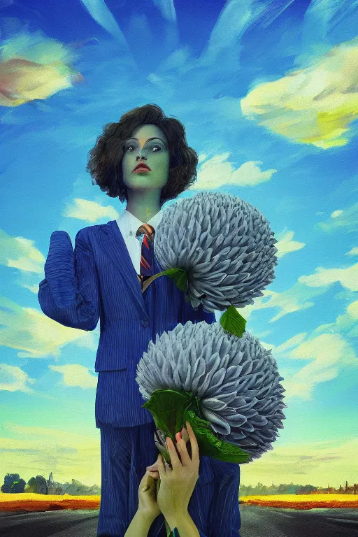 Image similar to closeup giant dahlia flower head, girl in a suit, street, surreal photography, blue sky, sunrise, dramatic light, impressionist painting, digital painting, artstation, simon stalenhag