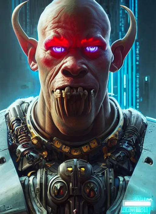 Prompt: portrait of an warhammer Orc as a character in Cyberpunk 2077, looking at camera, intricate, elegant, sci-fi, extremely detailed, digital painting, artstation, concept art, smooth, sharp focus, illustration, ambient lighting, incredible art by artgerm and greg rutkowski and alphonse mucha and simon stalenhag