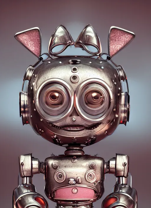 Prompt: closeup portrait of tin toy robot kitty trap, depth of field, zeiss lens, detailed, symmetrical, centered, fashion photoshoot, by nicoletta ceccoli, mark ryden, lostfish, breathtaking, 8 k resolution, extremely detailed, beautiful, establishing shot, artistic, hyperrealistic, octane render