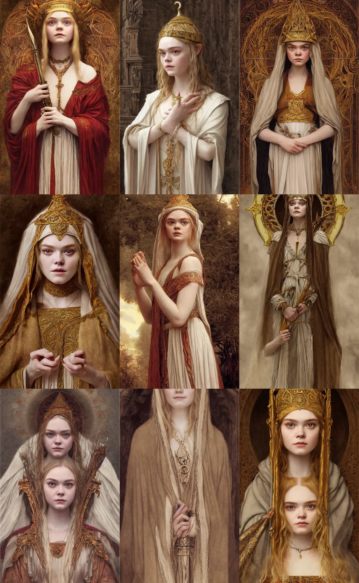 Prompt: elle fanning as a priestess traditional corsican, intricate, highly detailed, artstation, illustration, jurgens, rutkowski, bouguereau