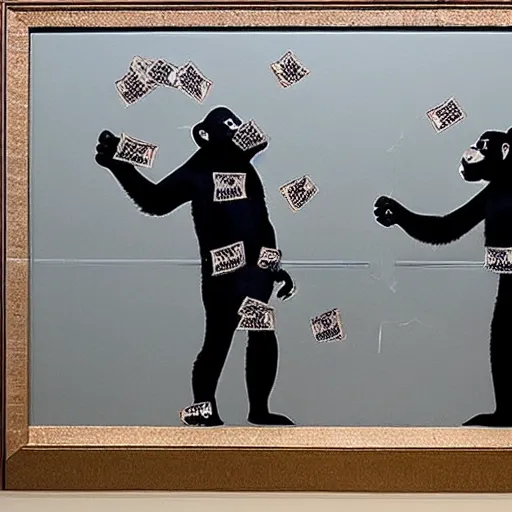 Prompt: display of 2 apes holding champaign bottles, money falling from the sky, made by banksy