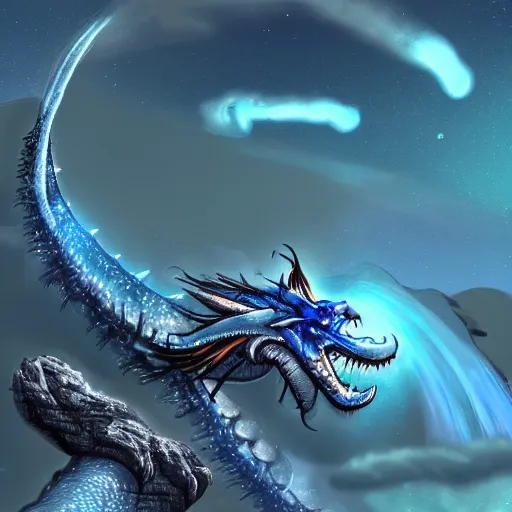 Image similar to a blue chinese dragon on an alien planet with auroras in the background, digital art, trending on artstation
