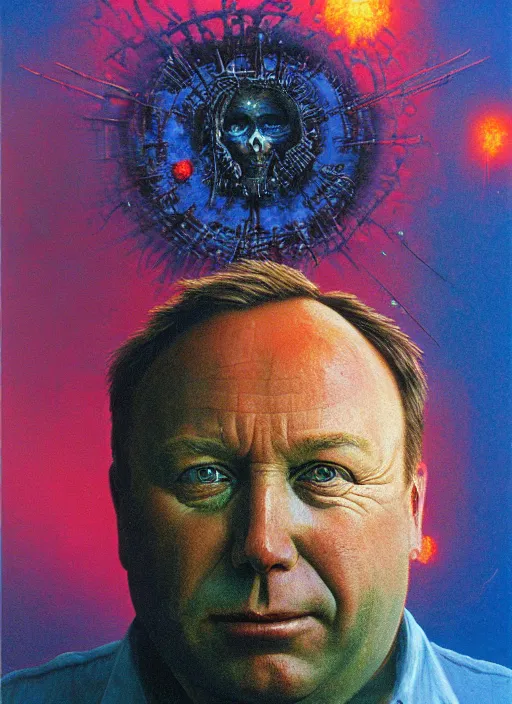 Image similar to alex jones by lisa frank and zdzislaw beksinski