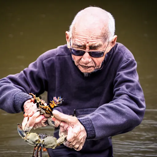 Image similar to elderly man + crab hybrid, canon eos r 3, f / 1. 4, iso 2 0 0, 1 / 1 6 0 s, 8 k, raw, unedited, symmetrical balance, wide angle