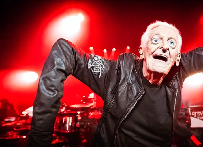 Image similar to publicity photo still of bob barker in a death metal band playing live on stage, 8 k, live concert lighting, mid shot