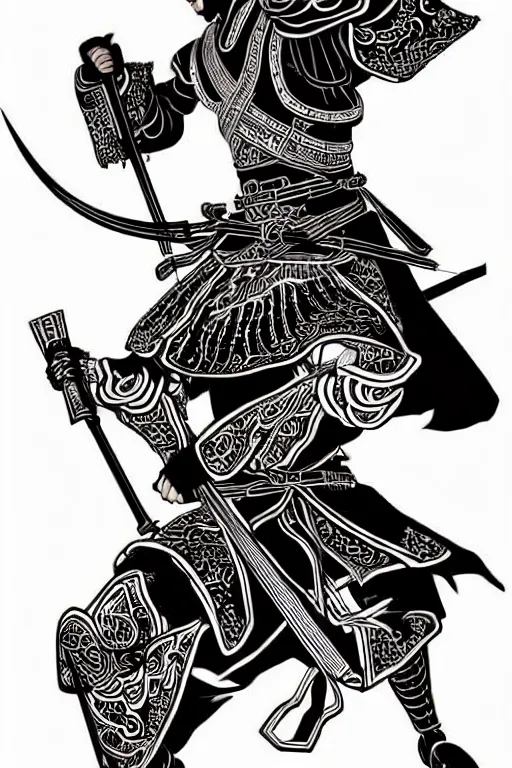Prompt: silhouette of a chinese warrior illustration 精 忠 報 國, vector art style, medium shot, intricate, elegant, highly detailed, digital art, ffffound, art by jc leyendecker and sachin teng