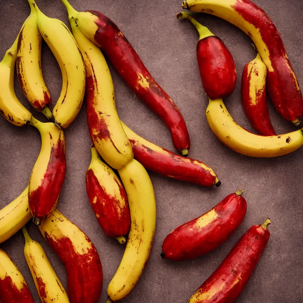 Image similar to fat banana in the shape of red cracked pepper, closeup, hyper real, food photography, high quality