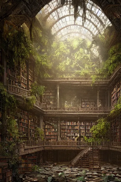 Prompt: decaying interior of an ( ( old library ) ) with a rainforest growing inside, light - beams, highly detailed, intricate detail, realistic shaded lighting, beautiful 3 d rendering, octane render, hyperrealistic, trending on artstation, by greg rutkowski and simon stalenhag