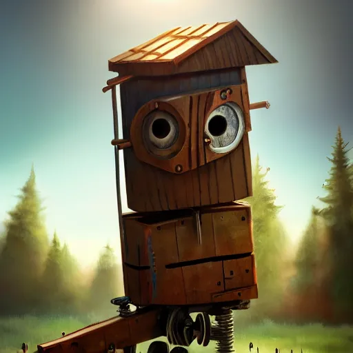 Image similar to a walking wood and metal house with two mechanical legs and two eyes, rust, hyperrealistic, highly detailed, cinematic, single ray of sun, morning, pareidolia, gravity falls style, beautiful, cgssociety, artstation, 8 k, oil painting, digital art