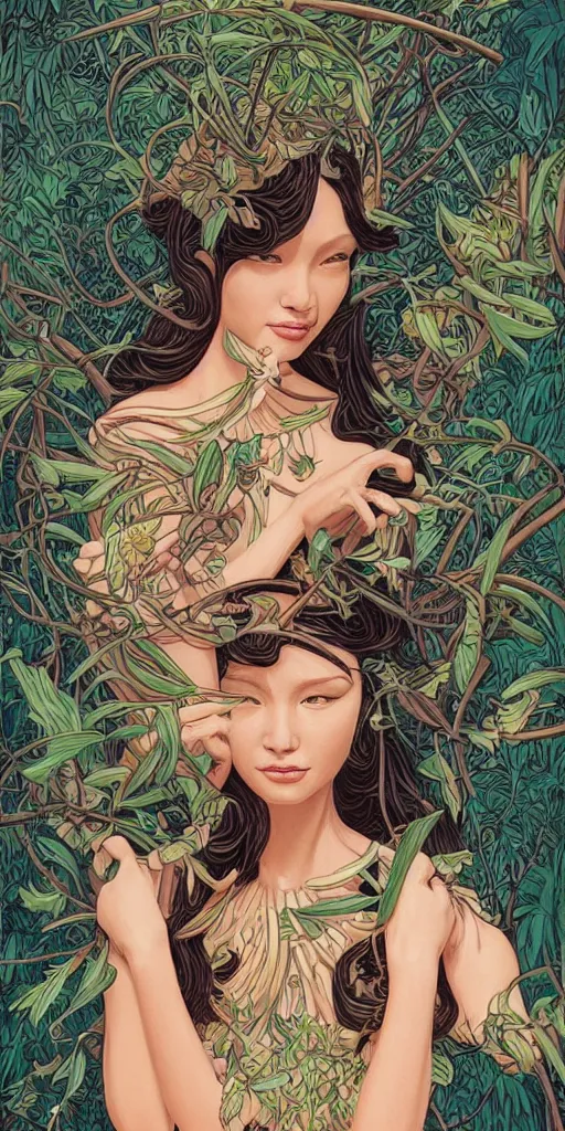 Image similar to a sculpture of mythical creatures by syd mead and audrey kawasaki, elegant and unusually large beautiful female face emerging from the jungle, intricate, elegant, highly detailed, digital painting by audrey kawasaki, artstation, concept art, ambient occlusion, vray render,