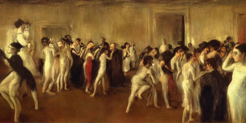 Image similar to an audience full of tall terrifying aliens in robes. They are watching a human ballet. in the victorian era. in the style of an impressionist painting. in the style of edgar degas.