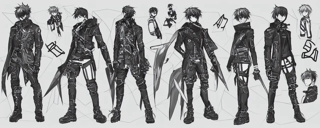Prompt: a lineart only drawing of a male anime cyberpunk hero protagonist with two swords, wearing a heavy jacket and heavy black boots, character concept exploration, outfit designs, trending on artstation; clear silhouette, strong and simplified design settei, perfect anatomy, clean lines