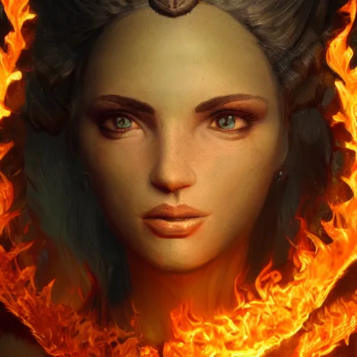 Image similar to A stunning portrait of a goddess, her body made of flames, 8K UHD, intricate, fantasy, Trending on artstation.