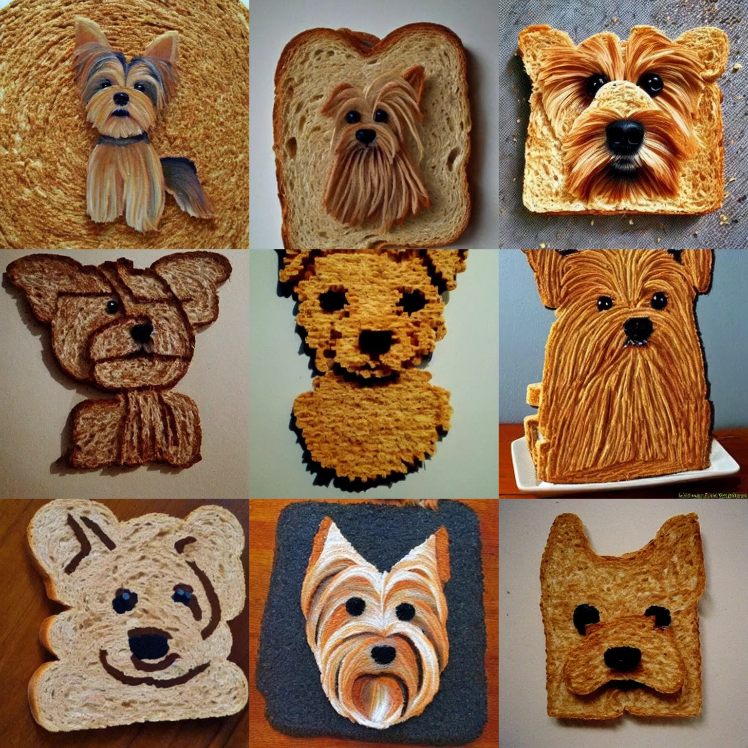 Prompt: a beautiful art of a very cute yorkshire terrier made out of toast.