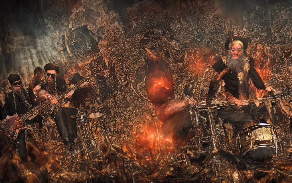 Image similar to khamenei playing drums in heavy metal band in hell hanged bodies in horizon, high definition, trending on artstation, unreal engine, photorealistic, high resolution,, trending on deviantart, hdr, hyper detailed, insane details, intricate, elite, ornate, elegant, luxury, dramatic lighting