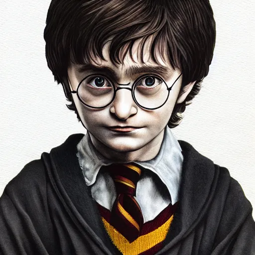 Prompt: a close up portrait of harry potter as a child, art station, highly detailed, focused gaze, concept art, sharp focus, illustration in pen and ink, wide angle, by Kentaro Miura