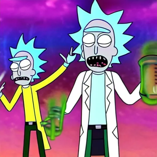 Prompt: rick and morty go to fart land tripping on acid and shooting aliens with rocket launchers
