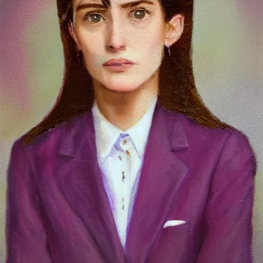 Image similar to 1 8 year old white shirt, purple blazer jacket, brunette, beautiful woman, determined, fearless, sharp looking portrait, oil painting