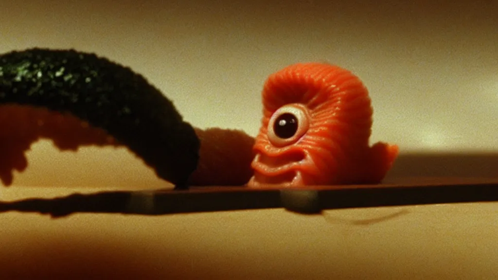 Image similar to a tiny strange creature barely appears on a piece of sushi, film still from the movie directed by Denis Villeneuve with art direction by Zdzisław Beksiński, wide lens