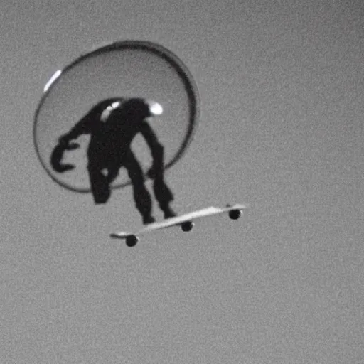 Image similar to aliens are skateboarding in the SETI dish, CCTV footage, grain, black and white,