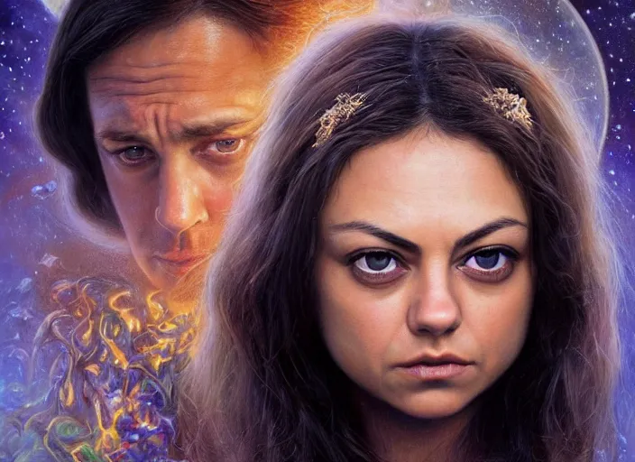 Image similar to big-eyed surprised Mila Kunis staring intensely into the camera, sundown golden hour firefly wisps, Lilia Alvarado, Sophie Anderson, Mark Arian, Bob Byerley, Charlie Bowater, Mark Brooks, Steve Henderson, Justin Gerard, Arthur Hughes, Edward Robert Hughes, Mark Keathley, Victor Nizovtsev, Carlos Shwabe, Ross Tran, WLOP