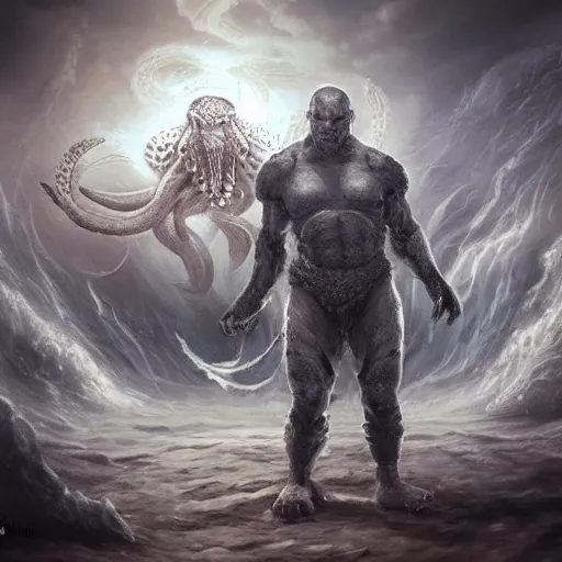 Image similar to benjamin netanyahu standing before the kraken ready to fight, highly detailed, by artgerm