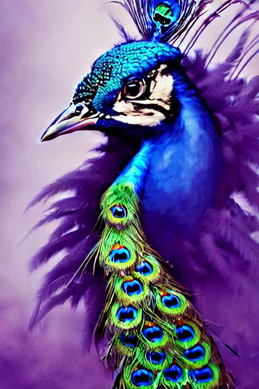 Prompt: a beautiful portrait of a cute peacock with open plumage by sandra chevrier and greg rutkowski and wlop, purple blue color scheme, high key lighting, volumetric light, digital art, highly detailed, fine detail, intricate, ornate, complex, octane render, unreal engine, photorealistic