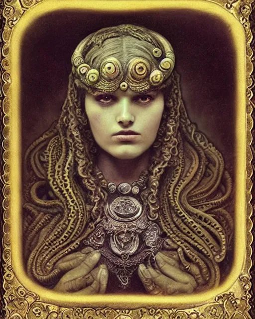 Prompt: daguerreotype hyperrealistic detailed face side portrait of the beautiful cthulhu priestess adorned with curse jewels and ceremonial robes, tintype art by ernst haeckel, john william godward, android jones, alphonso mucha, h. r. giger, gothic - cyberpunk, ornamental, beautiful deep colours, ambrotype