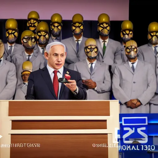 Image similar to photograph of Benjamin Netanyahu giving a speech with a podium in front of him, suited men with medical masks standing behind him, cinematic lighting, official media, HQ, 4K, news photography