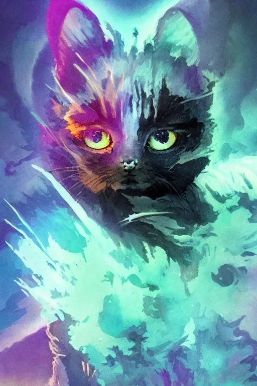 Image similar to ink acid shadow kitten, painted by erol otus and david thierree and dan adkins and john berkey, trending on artstation, volumetric lighting macro view muted colors, iridescent colors, dark academia, symbolism, brushwork