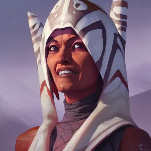 Image similar to portrait of a Ahsoka Tano by Greg Rutkowski, she is about 60 years old, wearing white robes, Star Wars Expanded Universe, highly detailed portrait, digital painting, artstation, concept art, smooth, sharp foccus ilustration, Artstation HQ