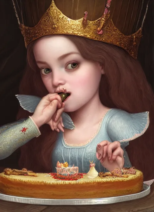 Image similar to highly detailed closeup portrait of a fairytale medieval princess eating cakes, unreal engine, nicoletta ceccoli, mark ryden, lostfish, earl norem, global illumination, god rays, detailed and intricate environment