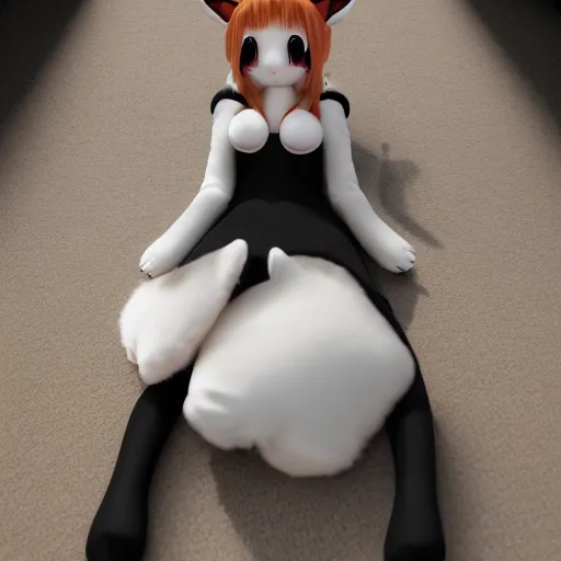 Image similar to cute fumo plush fox girl, floppy ears, gothic maiden, alert, furry anime, vray, smile, sleeping