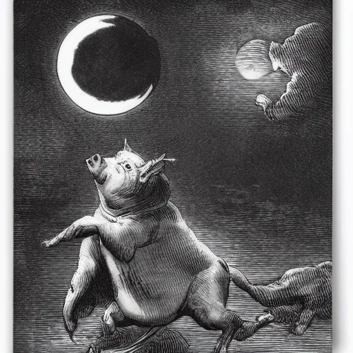 Prompt: pig in a tuxedo, in front of the moon, dark clouds, high detail, dramatic light, illustration by gustave dore