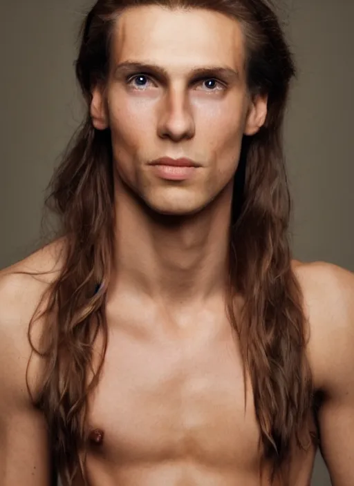 Image similar to a very skinny young Tarzan close-up portrait of young white male, with long straight slicked back brown hair shoulder length