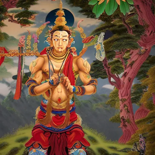 Prompt: a fantasy tibetan thangka of wukong by bob ross, HD, 8k, vray,