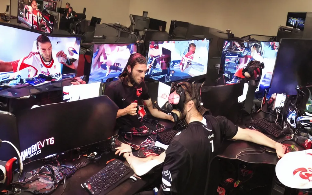 Prompt: soccer player andy carroll intensely gaming at an esports event