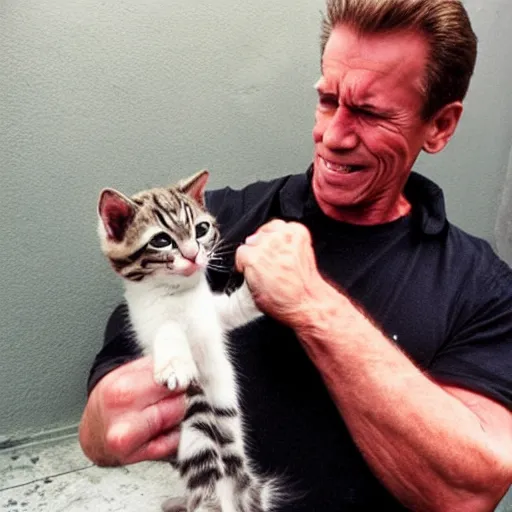 Prompt: the Terminator petting a cute kitten