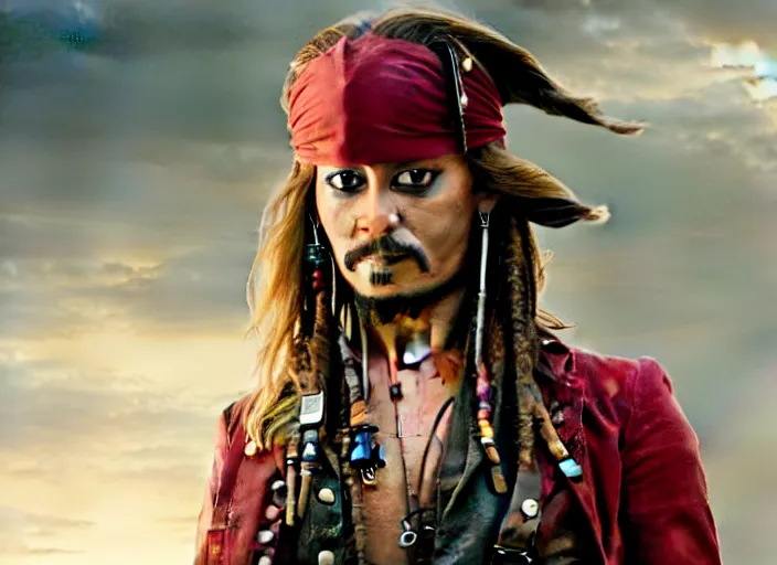 Image similar to film still of Margot Robbie as Captain Jack Sparrow in new Pirates of the Caribbean movie, 4k