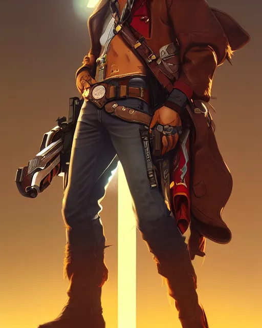 Image similar to mccree from overwatch, cinematic, stunning, highly detailed, digital painting, artstation, smooth, hard focus, illustration, art by artgerm and greg rutkowski and alphonse mucha