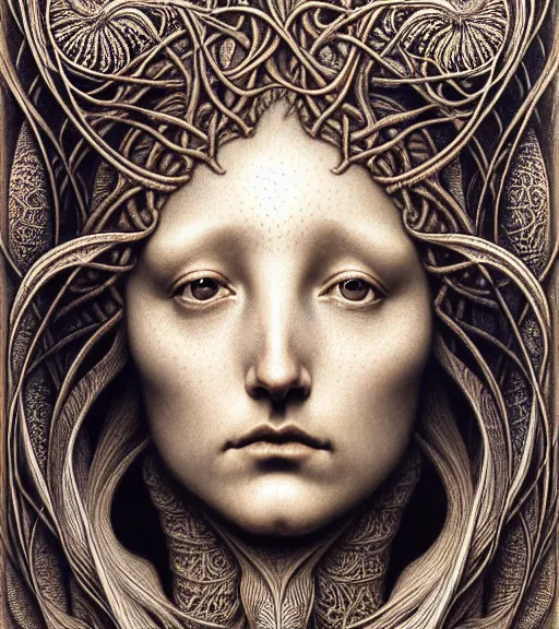 Image similar to detailed realistic beautiful dawn goddess face portrait by jean delville, gustave dore, iris van herpen and marco mazzoni, art forms of nature by ernst haeckel, art nouveau, symbolist, visionary, gothic, neo - gothic, pre - raphaelite, fractal lace, intricate alien botanicals, ai biodiversity, surreality, hyperdetailed ultrasharp octane render