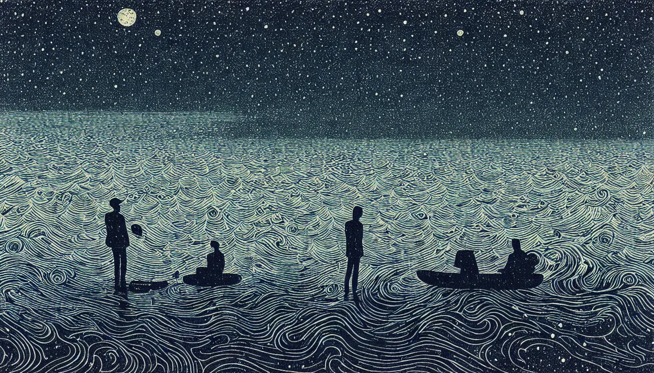 Image similar to standing in a lake looking at reflection of the night sky by woodblock print, nicolas delort, moebius, victo ngai, josan gonzalez, kilian eng