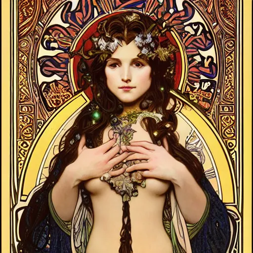 Prompt: realistic detailed face portrait of a beautiful Goddess of Midnight surrounded by constellations by Alphonse Mucha, Greg Hildebrandt, and Mark Brooks, gilded details, spirals, Neo-Gothic, gothic, Art Nouveau, ornate medieval religious icon