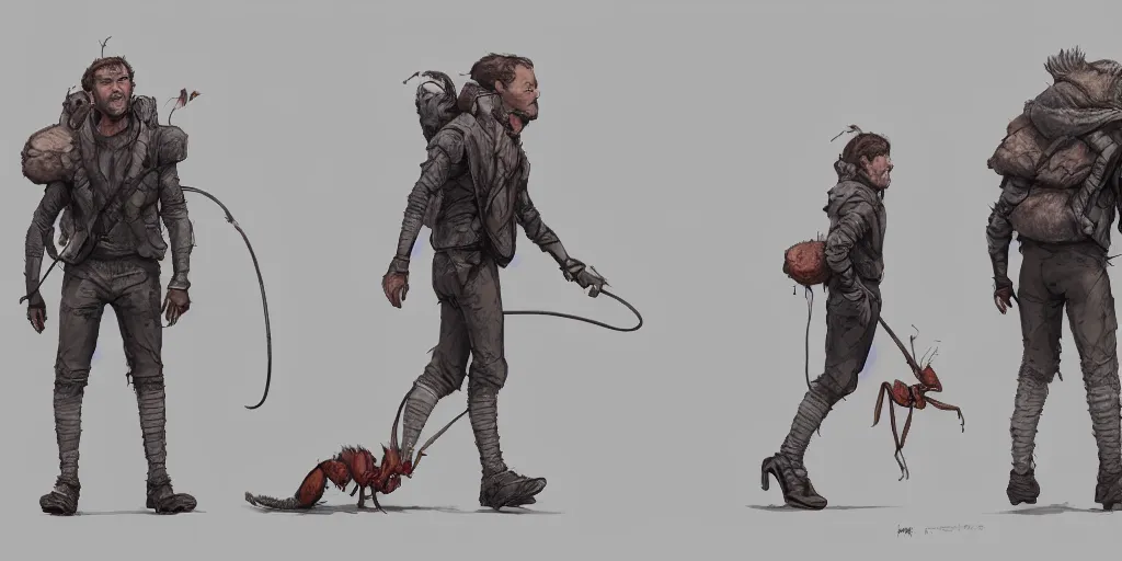 Prompt: cartoonish paul rudd walking his giant ant, character sheet, fine details, concept design, contrast, kim jung gi, greg rutkowski, trending on artstation, 8 k, full body, turnaround, front view, back view, ultra wide angle