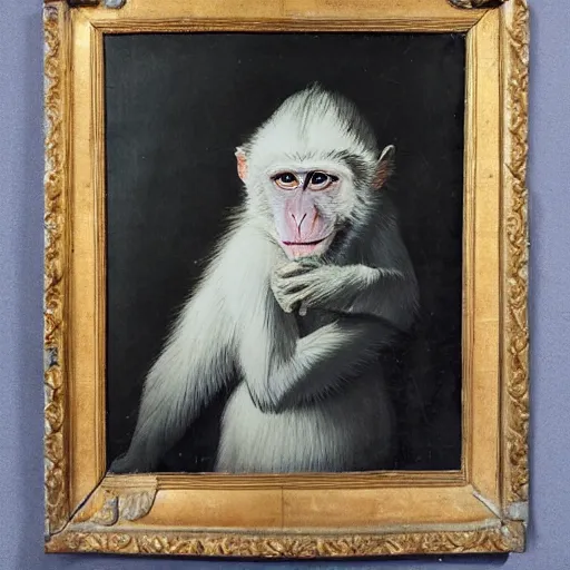 Prompt: 18th century portrait depicting a macaque aristocrat with a scepter